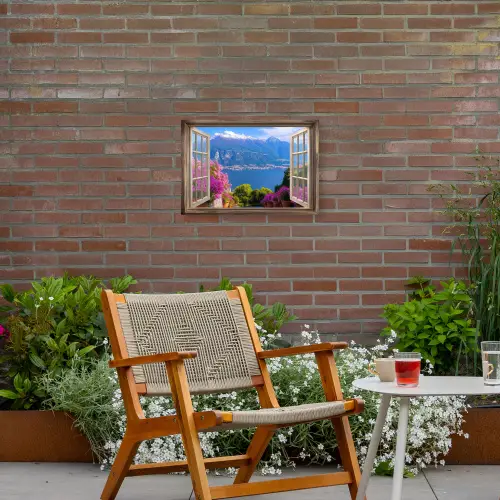 Doorkijk - Berg - Landschap - Uitzicht - Meer Tuinposter op houten frame 2 cm dik klein -sfeer3