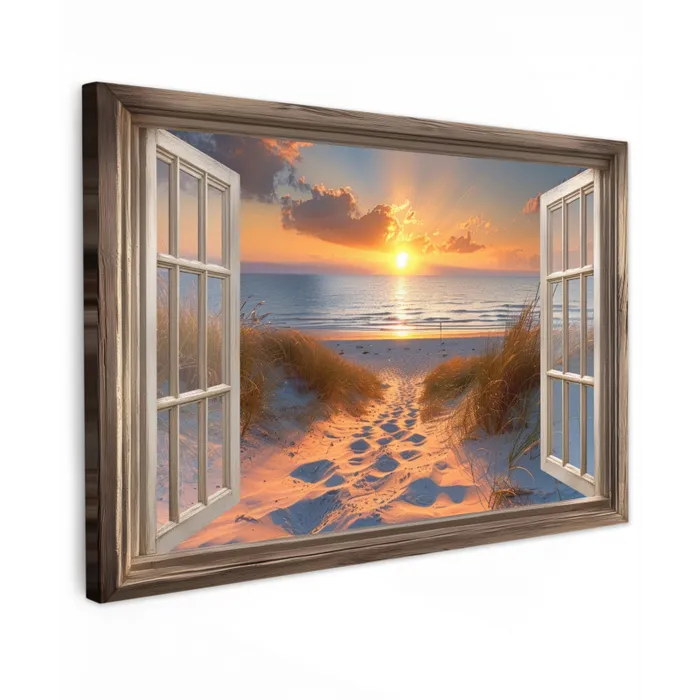 Doorkijk - Strand - Duinen - Zonsondergang Tuinposter op houten frame 2 cm dik klein -3d