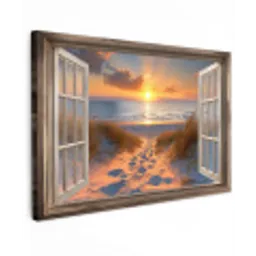 Doorkijk - Strand - Duinen - Zonsondergang Tuinposter op houten frame 2 cm dik klein -3d