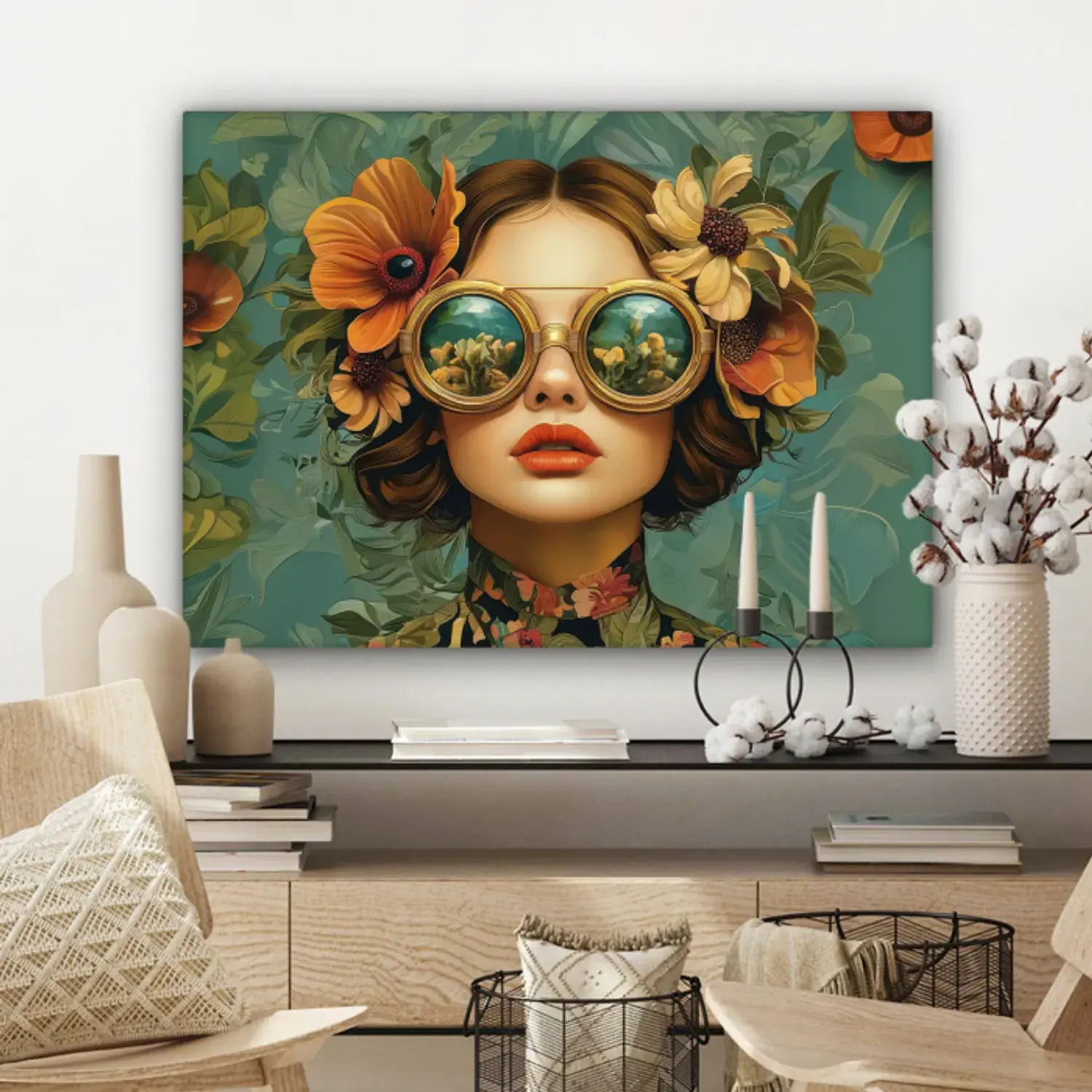 Canvas painting – Woman – Flowers – Butterflies – Nature – Vintage