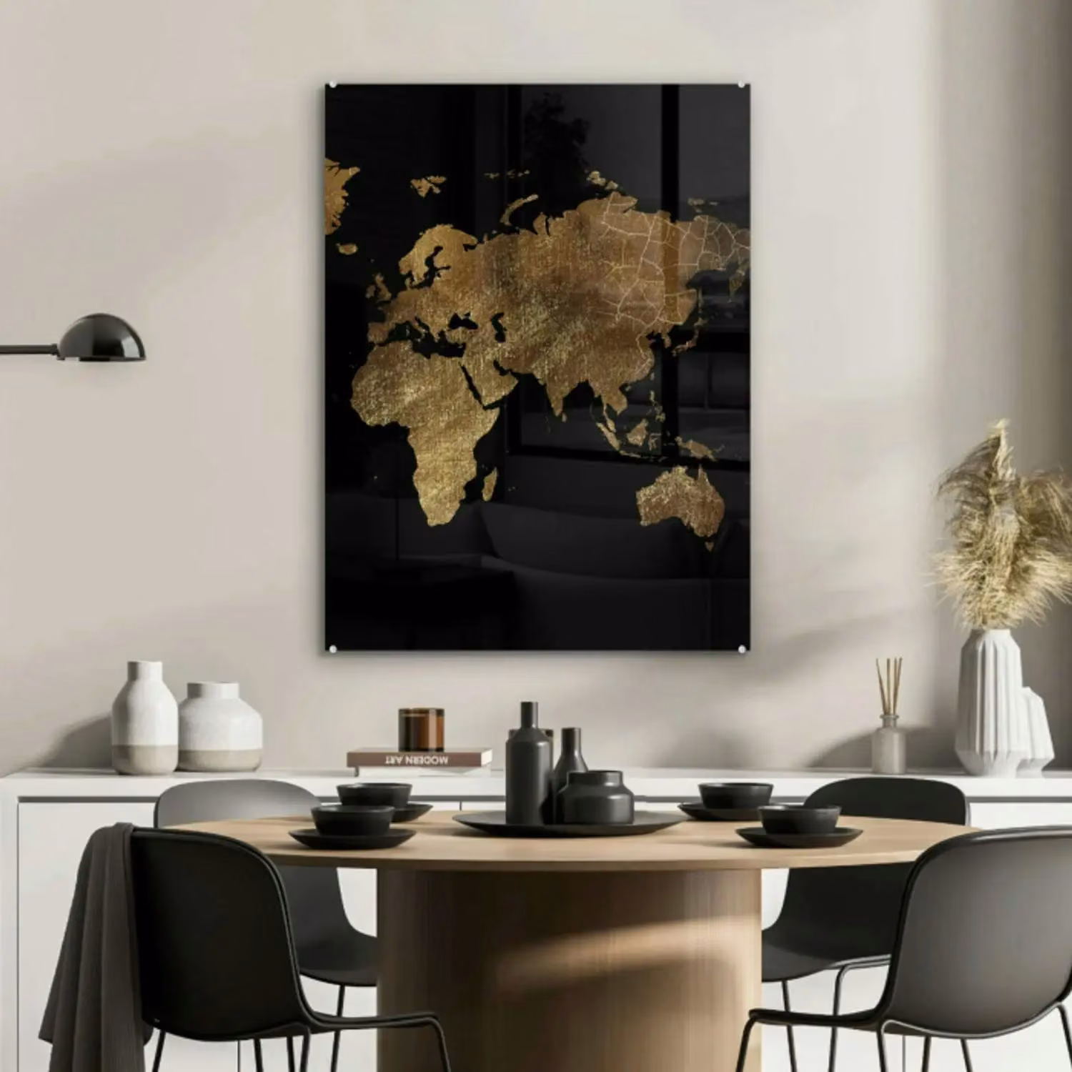Glas schilderij - Wereldkaart - Goud - Luxe - Aarde - Zwart