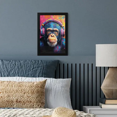Graffiti - Chimpanzee - Street art - Koptelefoon - Aap fotolijst zwart zonder passe partout klein -sfeer3