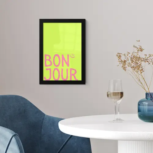 Groen - Smiley - Bonjour - Roze fotolijst zwart zonder passe partout klein -sfeer4