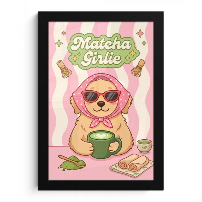 Matcha - Hond - Roze - Groen fotolijst zwart zonder passe partout klein -3d