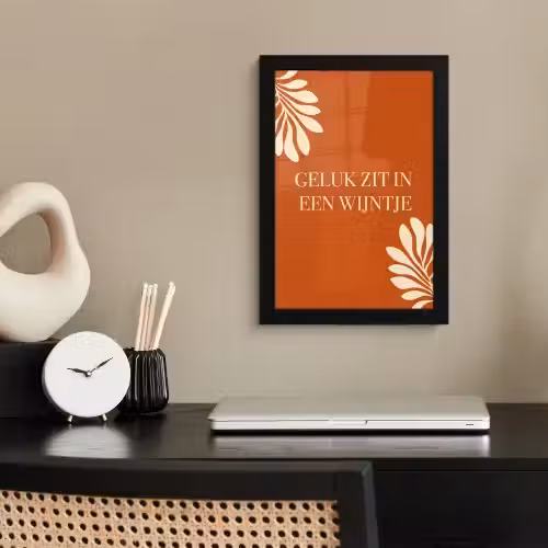 Oranje - Wijntje - Quote fotolijst zwart zonder passe partout klein -sfeer1