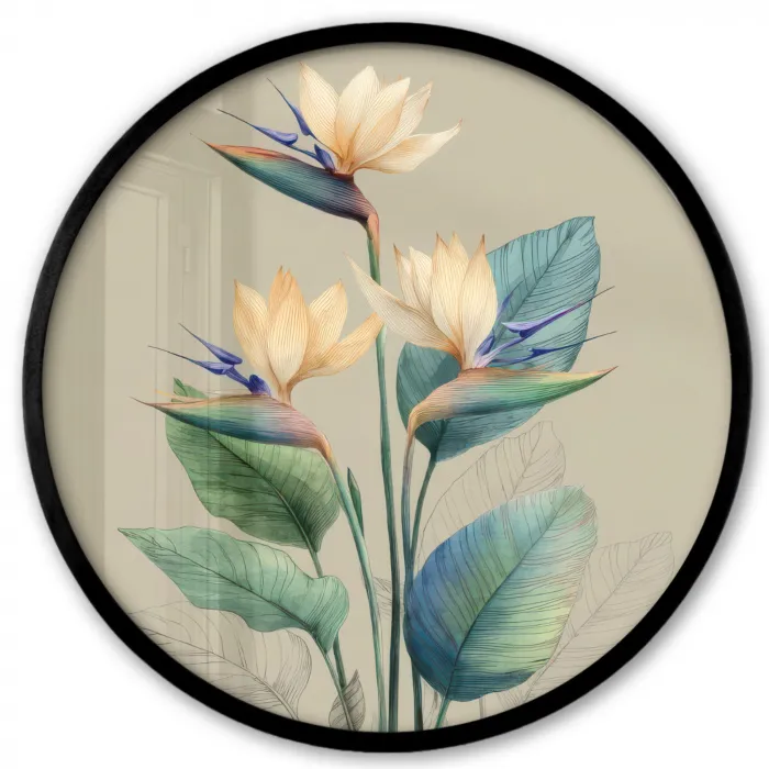 Paradijsvogelbloemen - Blauwgroene bladeren - Beige Fotolijst rond zonder passe partout klein -3d