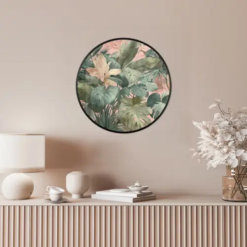 Compositie van bladeren - Groen - Roze Fotolijst rond zonder passe partout klein -sfeer3
