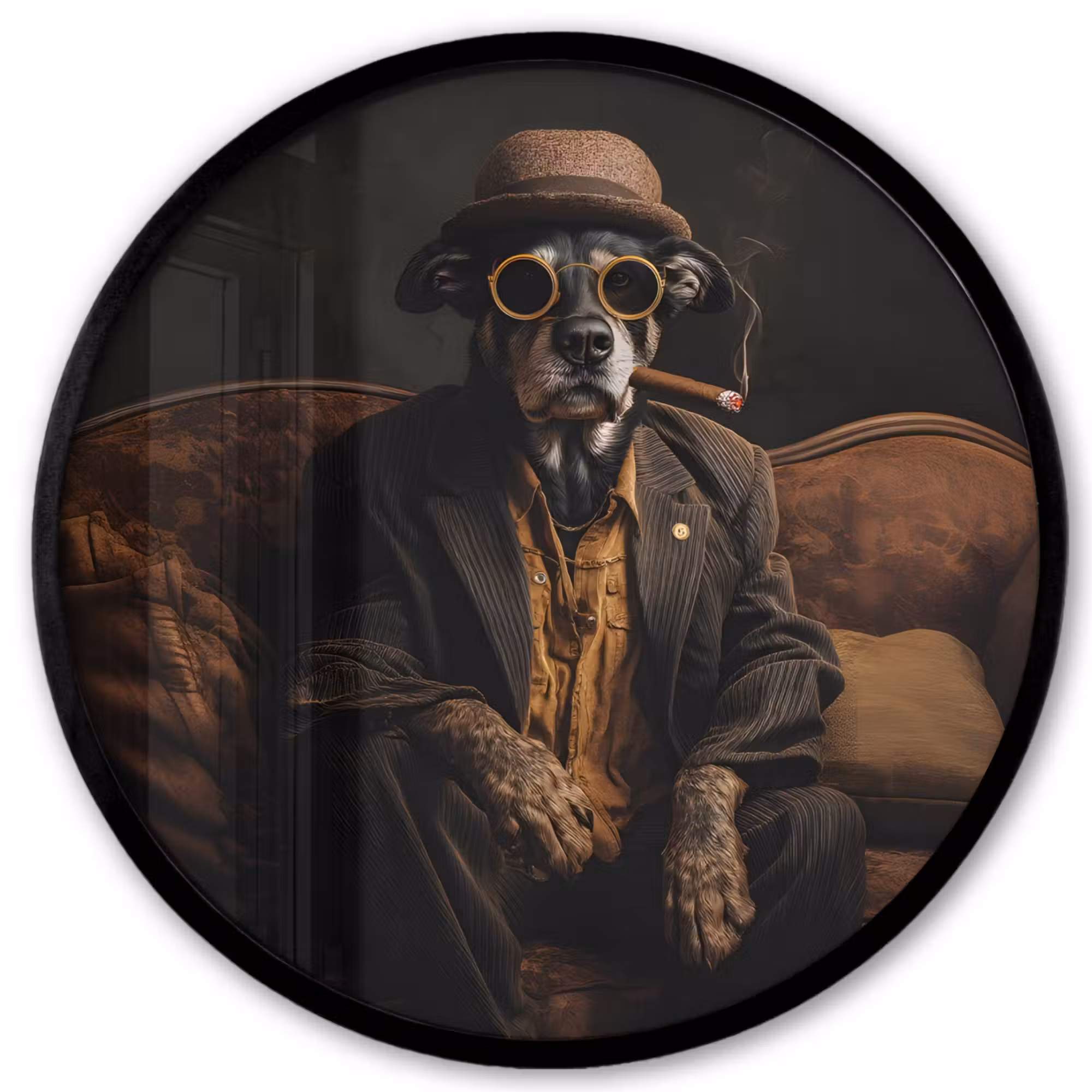 Photo Frame Round - Dog - Cigar - Hat - Suit