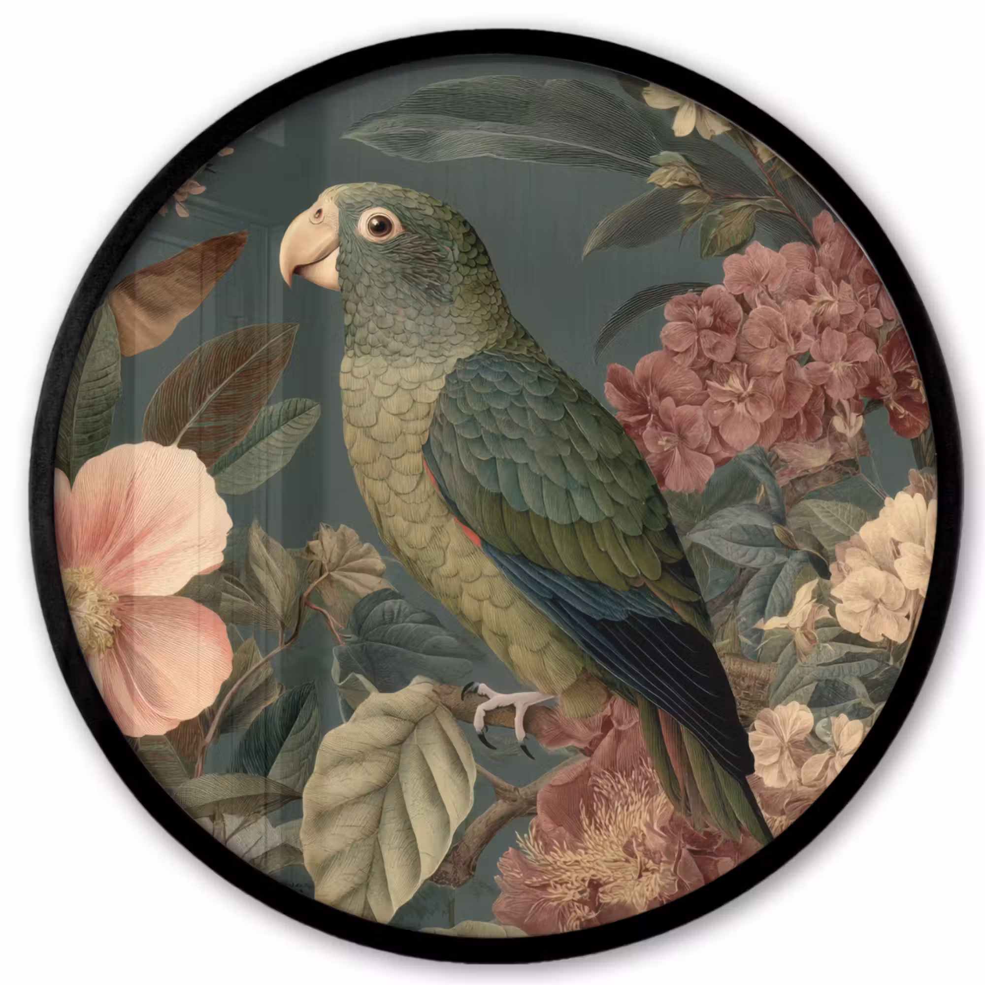 Photo Frame Round - Green parrot - Colorful flowers - Dark background