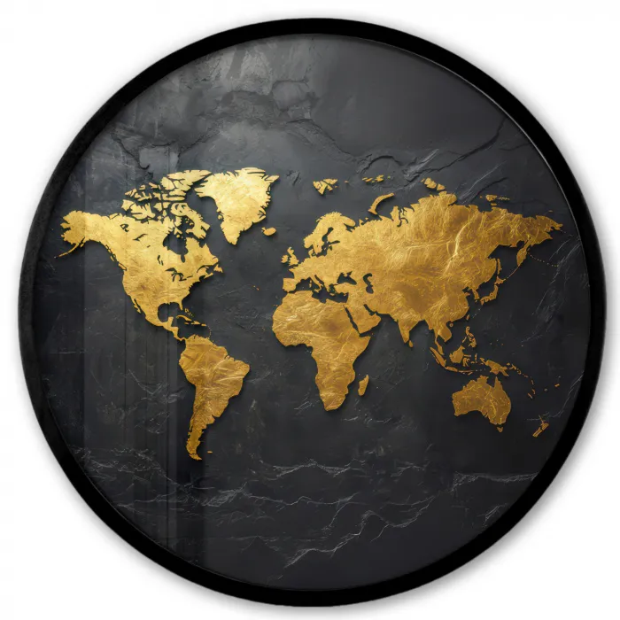 Wereldkaart - Goud - Steen Fotolijst rond zonder passe partout klein -3d