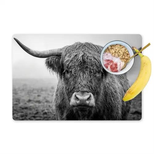 Schotse hooglander - Zwart - Wit - Gras Placemat vinyl groot -zzzproduct_Kitchenyeah-website