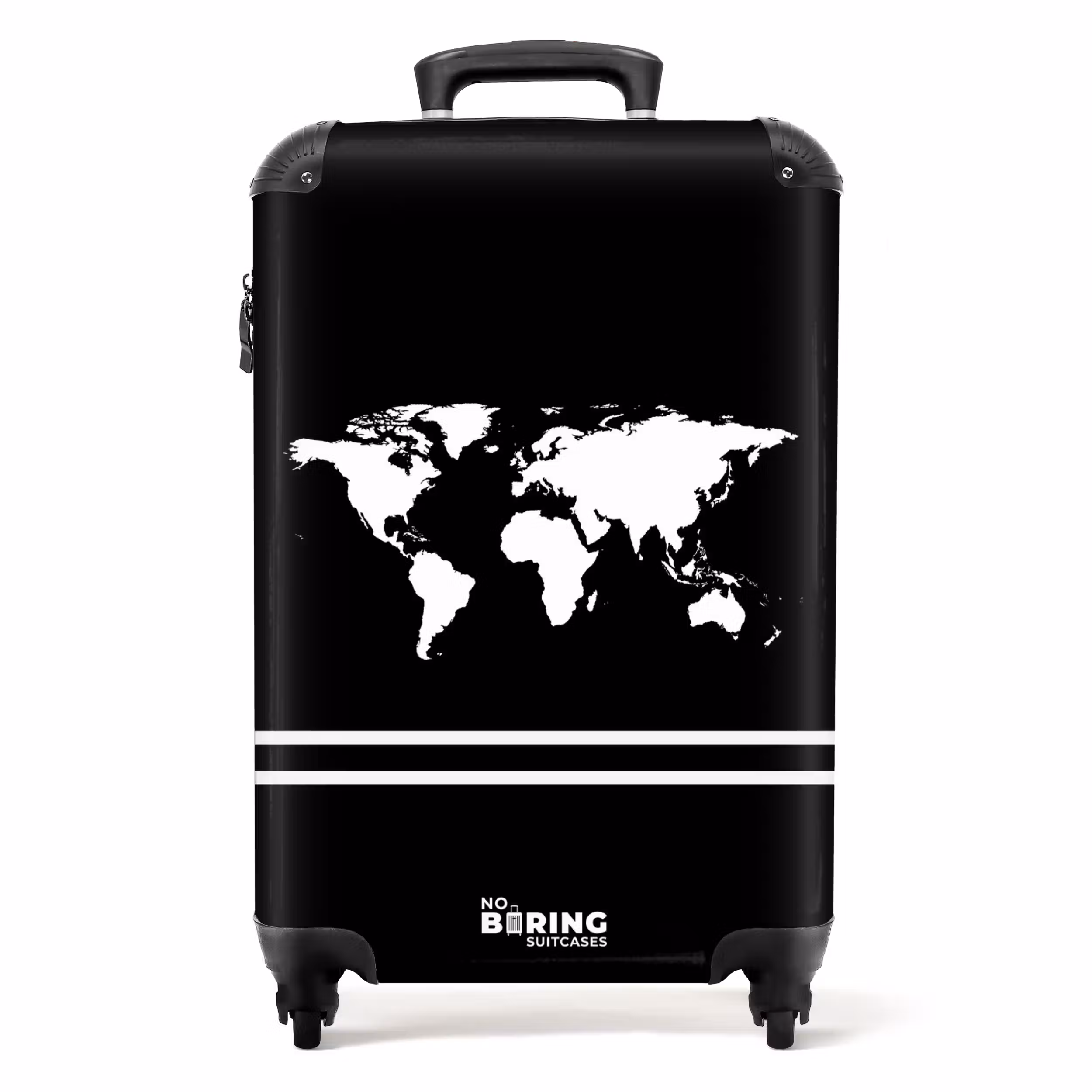 Suitcase - Black background with white world map and double stripe at bottom