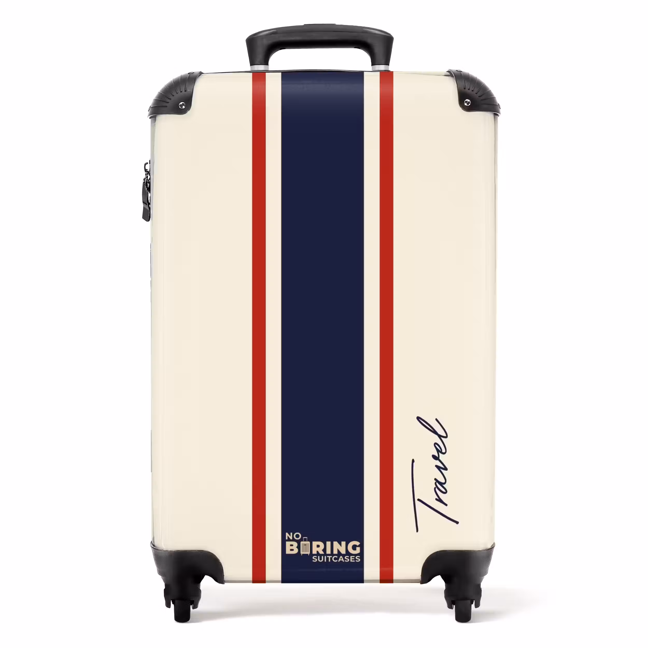 Suitcase - Cream background with central tricolor stripe and text Travel