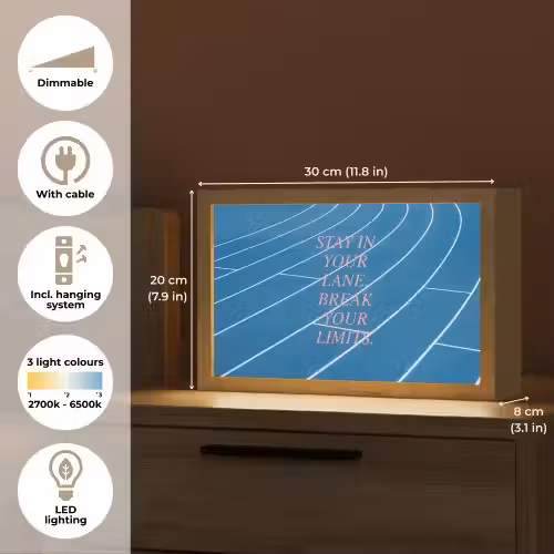 Atletiekbaan - Blauw - Tekst -Roze Light Box met kabel (Tafellamp) klein -USP_EN