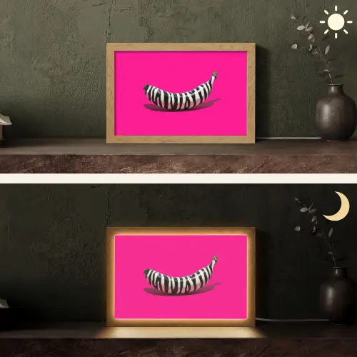 Banaan - Zebraprint - Roze Light Box met kabel (Tafellamp) klein -sfeer3