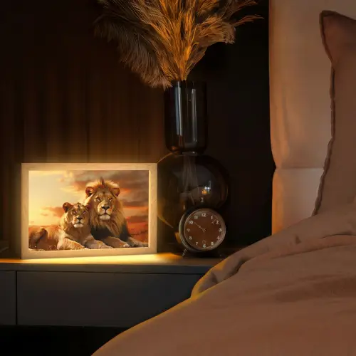 Leeuwen - Zonsondergang - Afrika - Savanne - Dieren Light Box met kabel (Tafellamp) klein -sfeer1