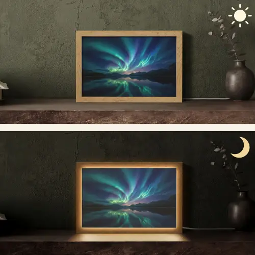 Noorderlicht - Kleurrijk - Bergmeer Light Box met kabel (Tafellamp) klein -sfeer3