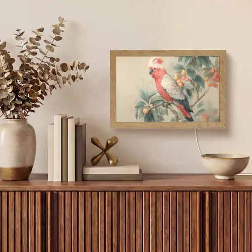 Roze kuifkaketoe - Tak met vruchten - Bladeren Light Box met kabel (Tafellamp) klein -sfeer2