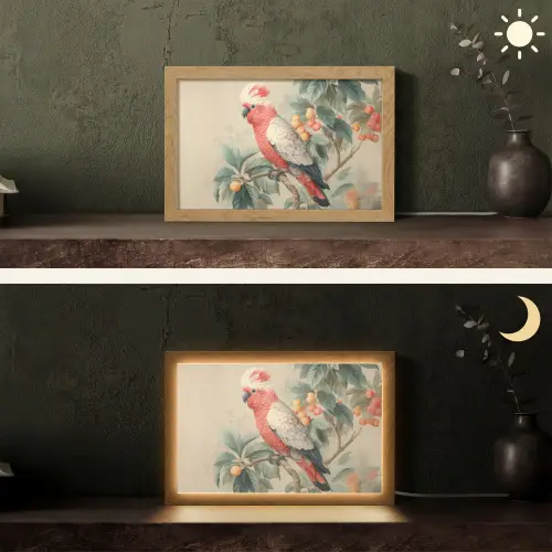 Roze kuifkaketoe - Tak met vruchten - Bladeren Light Box met kabel (Tafellamp) klein -sfeer3