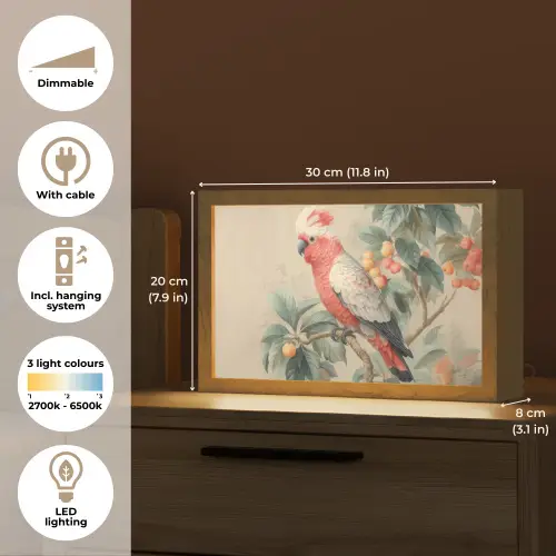 Roze kuifkaketoe - Tak met vruchten - Bladeren Light Box met kabel (Tafellamp) klein -USP_EN