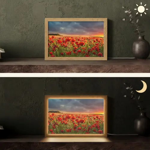 Zonsondergang - Klaprozen - Rood - Bloemen - Veld - Natuur Light Box met kabel (Tafellamp) klein -sfeer3