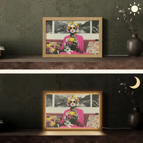 Vrouw - Kat - Bloemen - Kopje - Retro Light Box met kabel (Tafellamp) klein -sfeer3