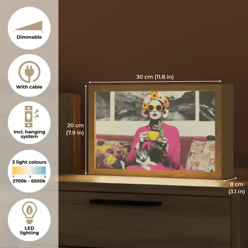 Vrouw - Kat - Bloemen - Kopje - Retro Light Box met kabel (Tafellamp) klein -USP_EN