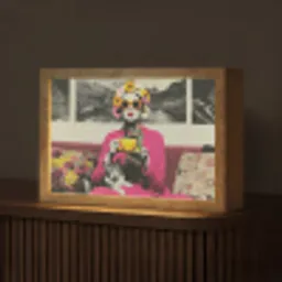 Vrouw - Kat - Bloemen - Kopje - Retro Light Box met kabel (Tafellamp) klein -z3d_website