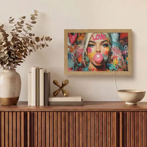 Vrouw - Kauwgom - Graffiti - Love Light Box met kabel (Tafellamp) klein -sfeer2