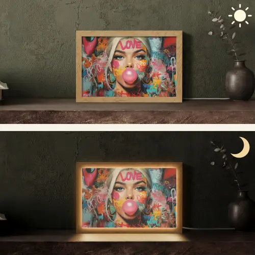 Vrouw - Kauwgom - Graffiti - Love Light Box met kabel (Tafellamp) klein -sfeer3
