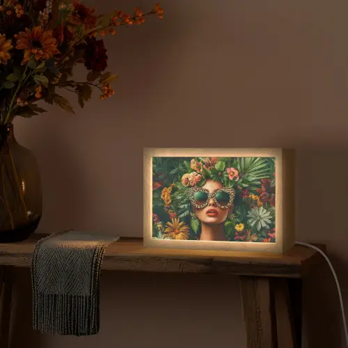 Vrouw - Panterprint - Jungle - Natuur - Luxe Light Box met kabel (Tafellamp) klein -sfeer4
