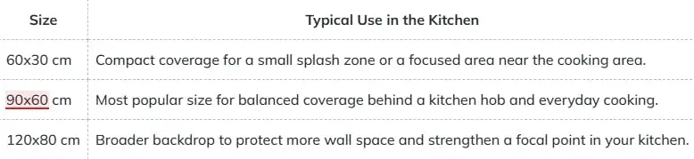 table with sizes and advices