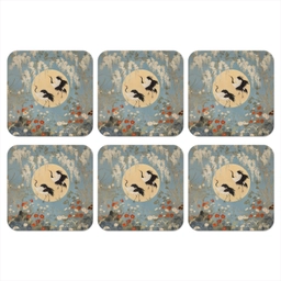 Kraanvogels - Maan - Bloemen - Blauw onderzetter kurk middel -3d