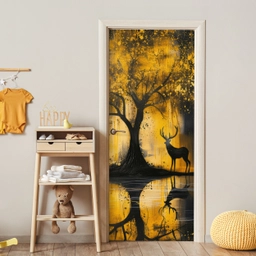 Boom - Verflook - Hert - Natuur - Goud deurposter klein -sfeer4