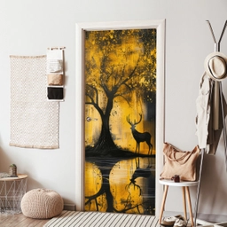 Boom - Verflook - Hert - Natuur - Goud deurposter klein -sfeer6