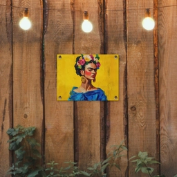 Frida Kahlo - Vrouw - Geel - Blauw - Bloemen tuinposter los doek klein -sfeer1