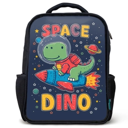 Dino - Raket - Kleurrijk Rugzak - Zwart middel -3d