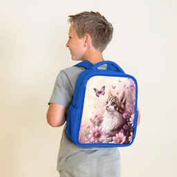 Kat - Paars - Vlinders - Bloemen Kinderrugzak - Blauw middel -sfeer2