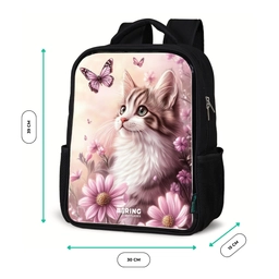 Kat - Paars - Vlinders - Bloemen Rugzak - Zwart middel -productfoto_formaten