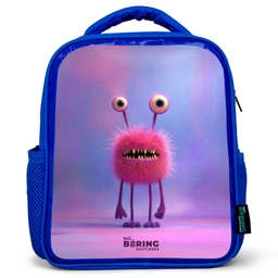 Roze harig monster met grote ogen Kinderrugzak - Blauw middel -3d