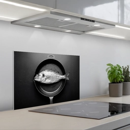 Pan - Vis - Zwart - Wit keuken achterwand spatscherm klein -3d_schuin