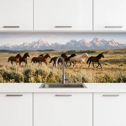 Paarden - Kudde - Bergen - Vrijheid - Wild keuken achterwand 2 middel -3d