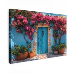 Deur - Hout - Bloemen - Blauw Tuinposter op houten frame 2 cm dik klein -3d