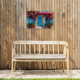 Deur - Hout - Bloemen - Blauw Tuinposter op houten frame 2 cm dik klein -sfeer4