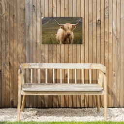 Schotse hooglander - Bergen - Grasveld Tuinposter op houten frame 2 cm dik klein -sfeer4
