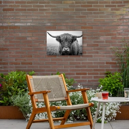 Schotse hooglander - Zwart - Wit - Gras Tuinposter op houten frame 2 cm dik klein -sfeer3