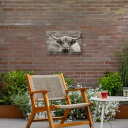Schotse hooglander - Zwart - Wit - Hout Tuinposter op houten frame 2 cm dik klein -sfeer3