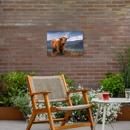 Schotse Hooglander - Berg - Water - Natuur - Koe Tuinposter op houten frame 2 cm dik klein -sfeer3