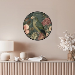 Groene papegaai - Kleurrijke bloemen - Donkere achtergrond Fotolijst rond zonder passe partout klein -sfeer3