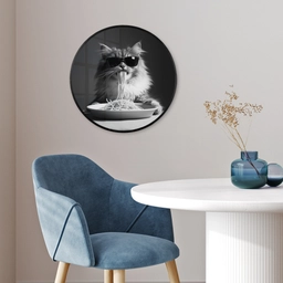 Langharige kat - Zonnebril - Spaghetti - Humor - Zwart - wit Fotolijst rond zonder passe partout klein -sfeer2
